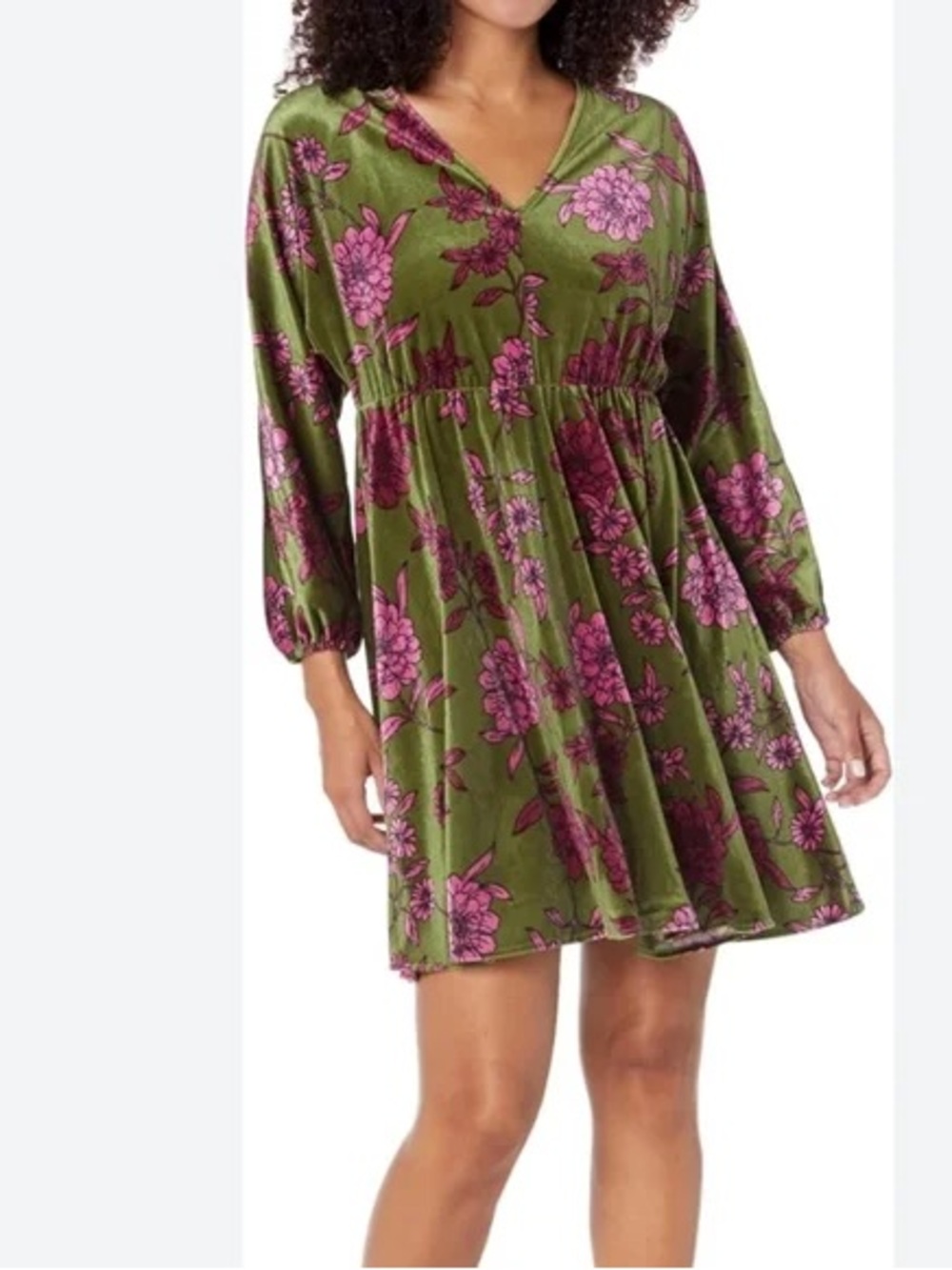 New York and Company - London Times Olive Green Dress with Pink Floral Print